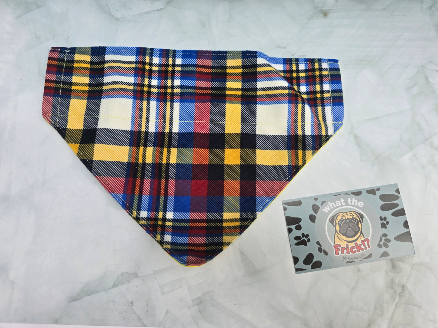 Yellow, Blue, Red & White Plaid Reversible Dog Bandana
